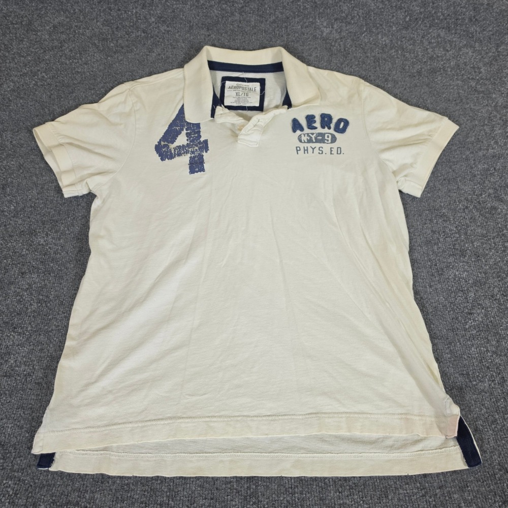 Y2K 2000s Aeropostale Mens XL Cream Short Sleeve Phys Ed Graphic Polo Shirt - Picture 2 of 7
